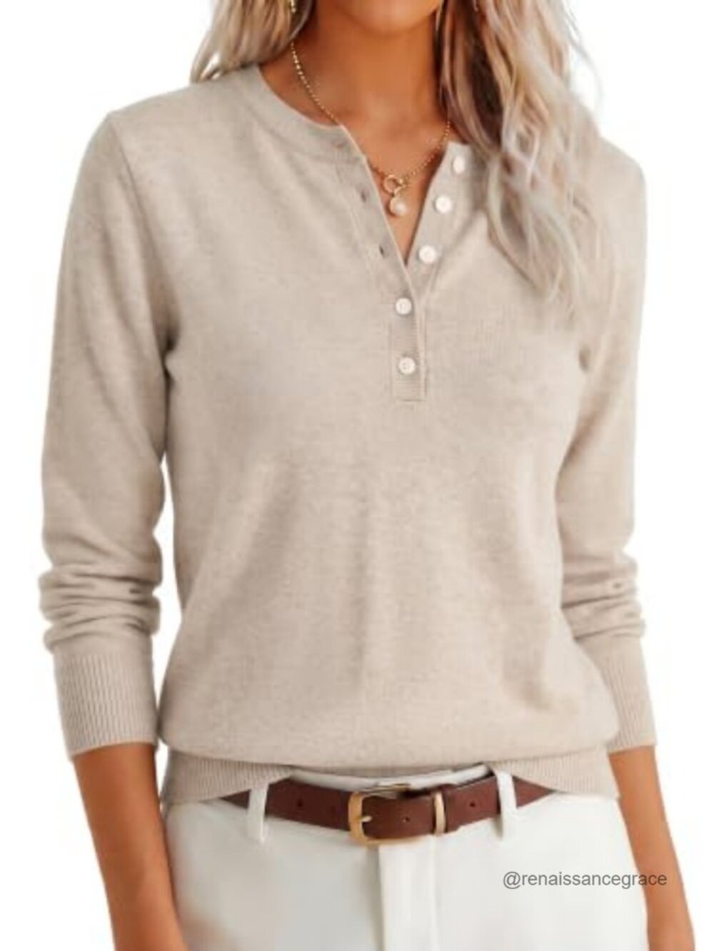 Women Henley Long Sleeve Lightweight Knit Sweater Pullover